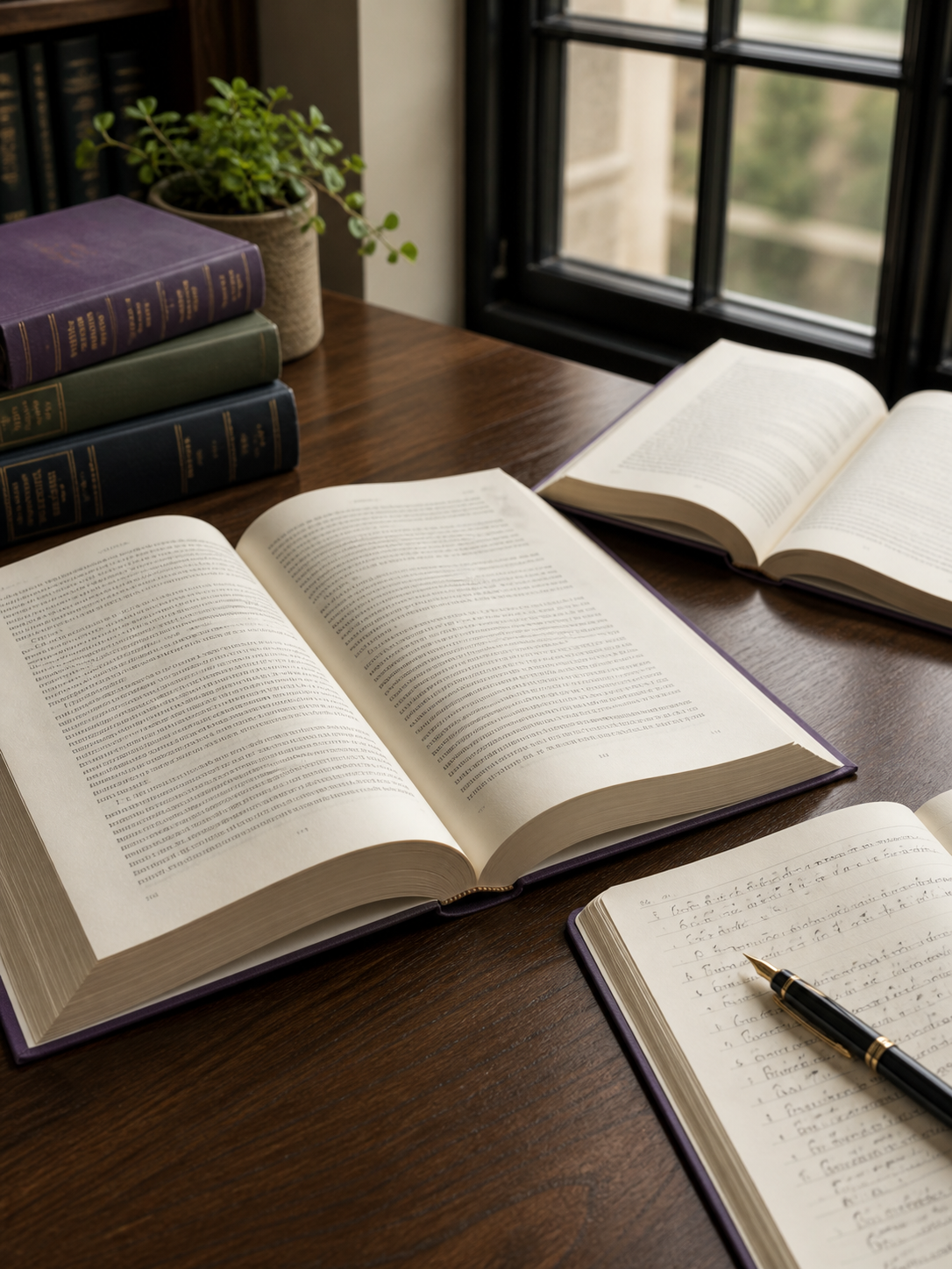 Раскрытые учебные книги, рукописные заметки и перьевая ручка на деревянном столе